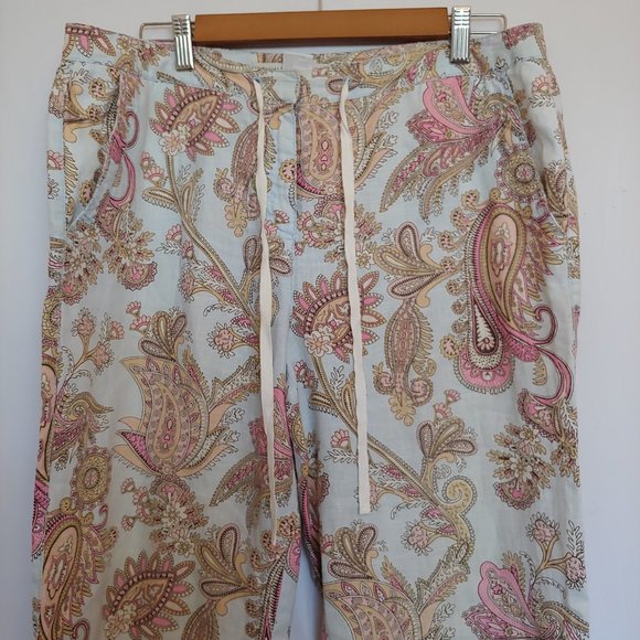 Tommy Hilfiger 100% linen pale blue, pink, gold paisley pastel crop pants SZ 10 - Picture 2 of 10